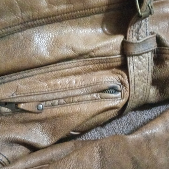 CMM VINTAGE DISTRESSED BELTED 100% LEATHER JACKET LARGE BROWN/TAN - Picture 8 of 13